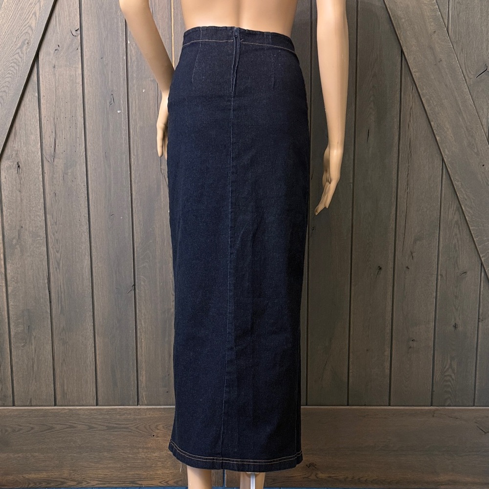 2 Piece Vintage Stretch Denim Maxi Skirt with High Slit Lace-Up Detail - Picture 4 of 9